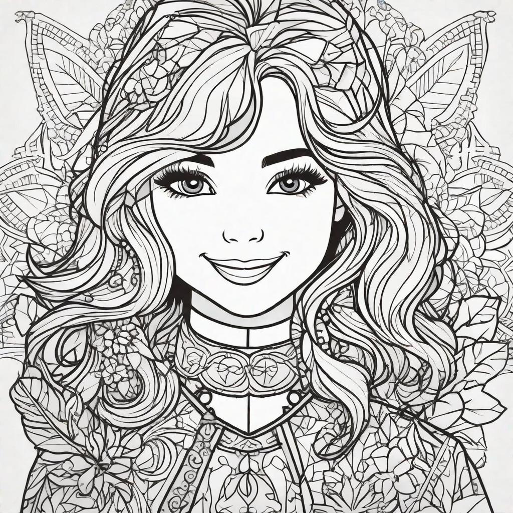  in a coloring book style, A girl with opened hair, a giving a cheerful smile with beautiful eyes and face expression.