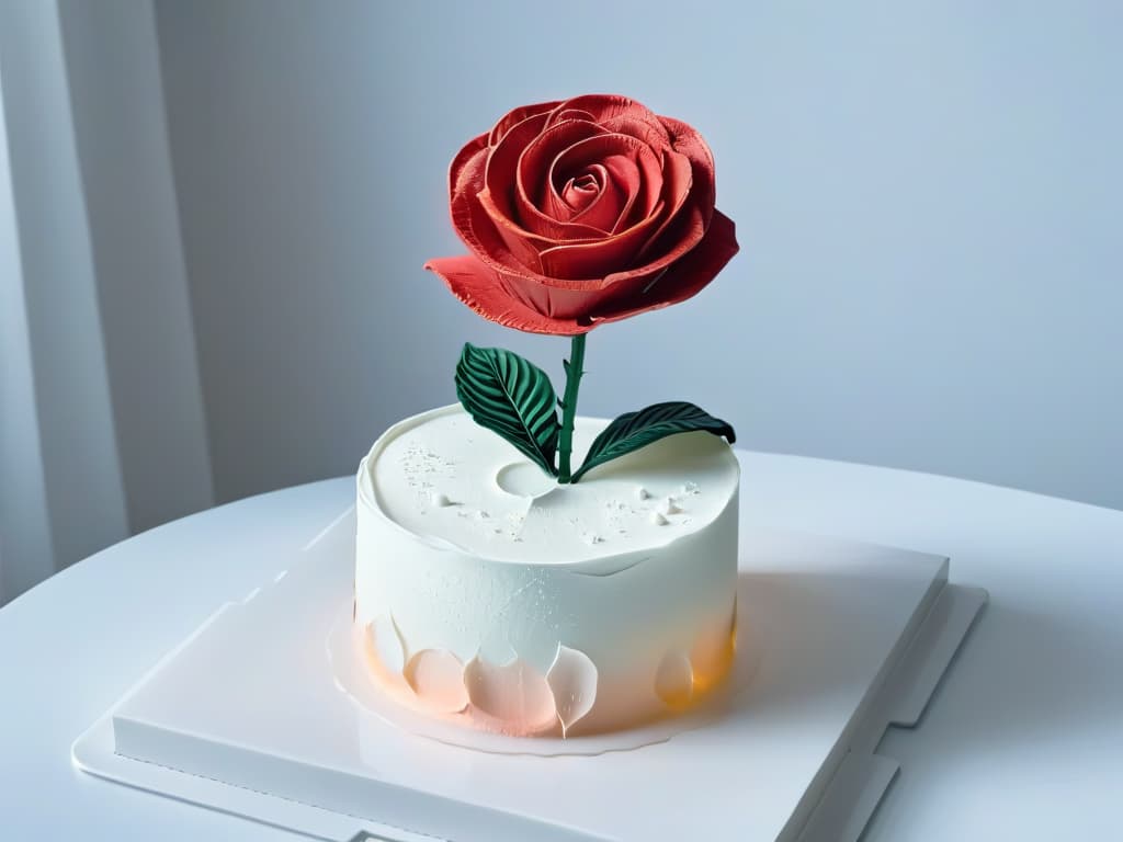  An ultradetailed photorealistic image of a delicate sugar sculpture of a blooming rose, intricately crafted with fine details like delicate petals, realistic texture, and a glistening finish under soft, ethereal lighting. The sculpture sits on a pristine white pedestal, casting a subtle shadow, with a blurred background to enhance its exquisite beauty and ethereal charm. hyperrealistic, full body, detailed clothing, highly detailed, cinematic lighting, stunningly beautiful, intricate, sharp focus, f/1. 8, 85mm, (centered image composition), (professionally color graded), ((bright soft diffused light)), volumetric fog, trending on instagram, trending on tumblr, HDR 4K, 8K