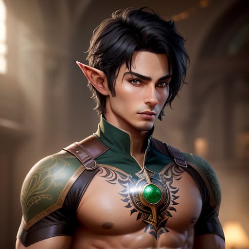  half-elf, male, ranger, short black hair, green eyes, tattoos, toned build, hyperrealistic, high quality, highly detailed, perfect lighting, intricate, sharp focus, f/1. 8, 85mm, (centered image composition), (professionally color graded), ((bright soft diffused light)), trending on instagram, HDR 4K, 8K