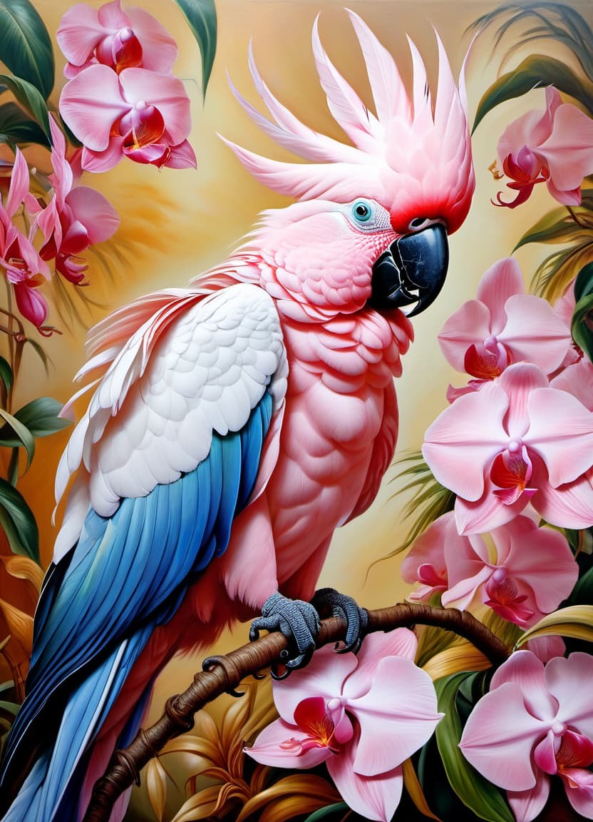  Oil painting. Highly detailed image. Far background. Exotic and unrealistic cockatoo parrot with (delicate: 1,3) pink plumage. (Pastel colored: 1,3) background: surreal abstraction with elements of delicate exotic orchids and dangling lianas. Stylistics: fantasy abstraction, surrealism, abstractionism. In the manner of Fragonard, Kim Keever, Mark Keatley, Van Gogh, Gauguin. High quality. hyperrealistic, full body, detailed clothing, highly detailed, cinematic lighting, stunningly beautiful, intricate, sharp focus, f/1. 8, 85mm, (centered image composition), (professionally color graded), ((bright soft diffused light)), volumetric fog, trending on instagram, trending on tumblr, HDR 4K, 8K