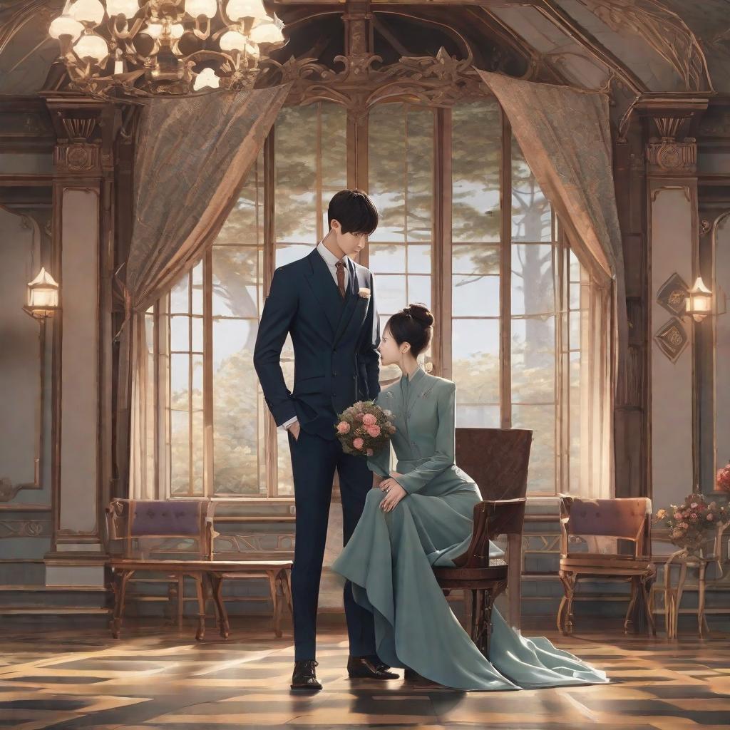  In a gorgeous castle, a slender man in an exquisite suit sits on a chair, next to a beautiful in a dress the ground and looking up at the man. The style is Korean, creating an atmosphere of love between the two.