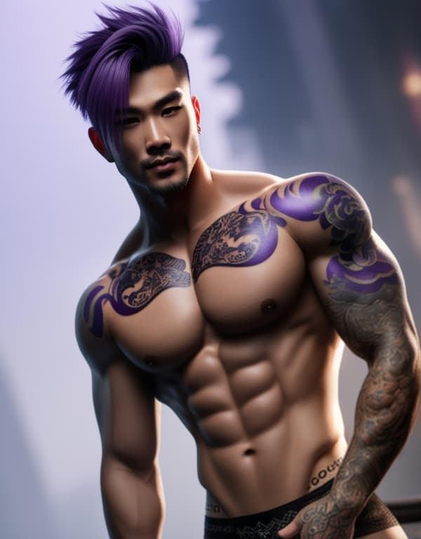  muscle, tattooed Chinese beautiful boy with purple lace and purple hair, taking a in river， whole dorsal body，chest hair hyperrealistic, full body, detailed clothing, highly detailed, cinematic lighting, stunningly beautiful, intricate, sharp focus, f/1. 8, 85mm, (centered image composition), (professionally color graded), ((bright soft diffused light)), volumetric fog, trending on instagram, trending on tumblr, HDR 4K, 8K