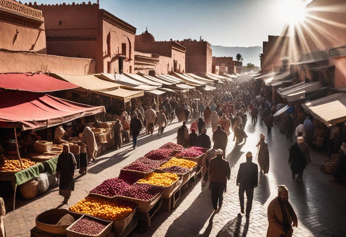  UHD stock photography, extremly realistic, 8K resolution, natural sun lighting during midday, professional, extremely detailed, Create an ultrarealistic image of a bustling Moroccan street market in Marrakesh during a sunny April day, with people shading themselves under vibrant awnings, the bright sun casting contrasting shadows, and the Atlas Mountains visible in the distant horizon, use a Sony FE 85mm