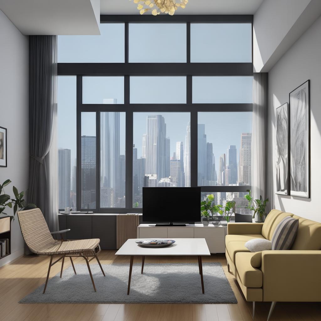  masterpiece, best quality, Best Quality, Masterpiece, 8k resolution,high resolution concept art of an apartment living room with floor to ceiling windows and modern furniture