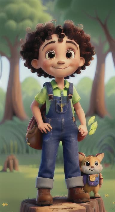  {The tree with a smiling face formed by its bark, looking down at Riley., Riley, a curious with big brown eyes and curly hair, wearing overalls and carrying a small backpack. Their friend, Skye, a bluebird with shiny feathers.