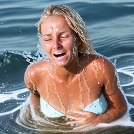  tanned blonde woman's face is in the water she's panic a lot of water waves and splashes around her