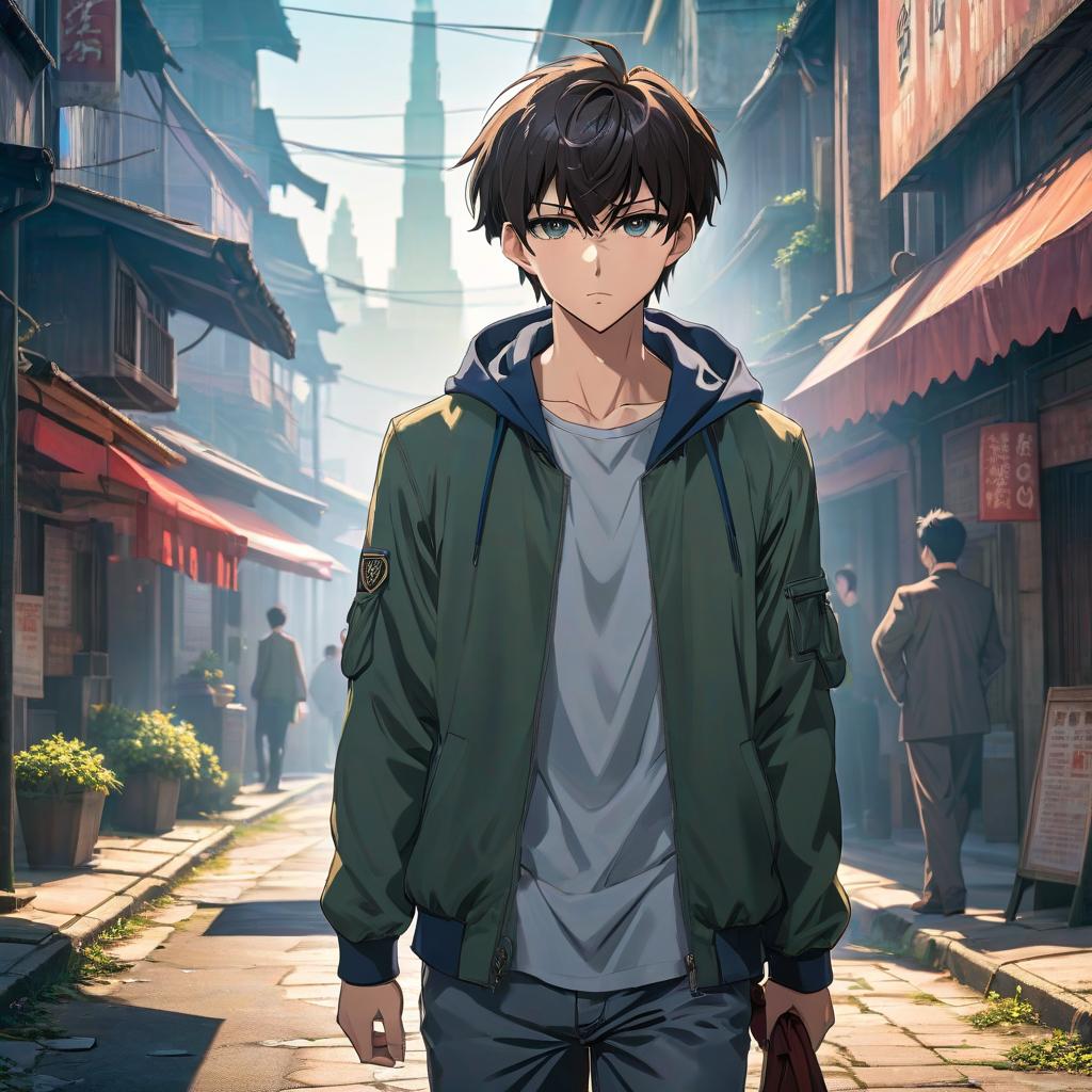  anime artwork Picture a lone, short haired young man. The young man is walking forward, his face stern and sad. Behind him, the growing and developing world. . anime style, key visual, vibrant, studio anime, highly detailed hyperrealistic, full body, detailed clothing, highly detailed, cinematic lighting, stunningly beautiful, intricate, sharp focus, f/1. 8, 85mm, (centered image composition), (professionally color graded), ((bright soft diffused light)), volumetric fog, trending on instagram, trending on tumblr, HDR 4K, 8K