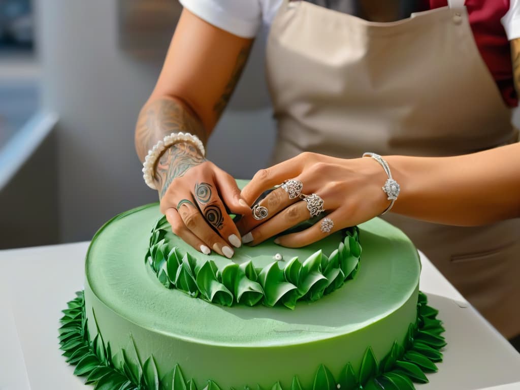  An ultradetailed closeup image of a pair of expert hands delicately sculpting a intricate sugar sculpture, showcasing the meticulous artistry and precision required in creating sugar art. The hands are adorned with colorful tattoos and delicate silver rings, adding a touch of personal flair to the artistic process. The background is a soft focus, allowing the viewer to fully appreciate the skill and dedication of the artist in this mesmerizing and visually captivating image. hyperrealistic, full body, detailed clothing, highly detailed, cinematic lighting, stunningly beautiful, intricate, sharp focus, f/1. 8, 85mm, (centered image composition), (professionally color graded), ((bright soft diffused light)), volumetric fog, trending on instagram, trending on tumblr, HDR 4K, 8K