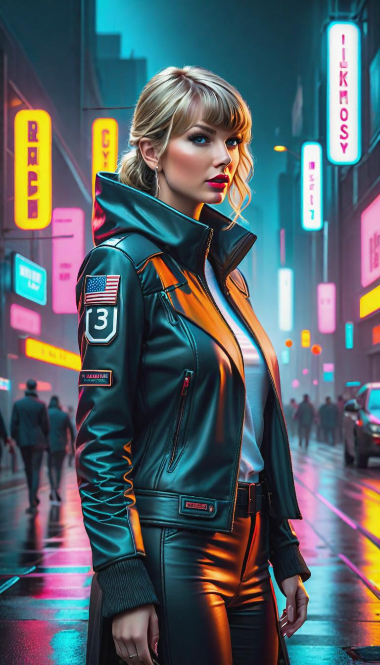  Cyberpunk style depiction of Taylor Swift as a sports reporter . The scene is set in a world where technology has advanced, but society and human conditions have not, creating a gritty, dystopian atmosphere. hyperrealistic, full body, detailed clothing, highly detailed, cinematic lighting, stunningly beautiful, intricate, sharp focus, f/1. 8, 85mm, (centered image composition), (professionally color graded), ((bright soft diffused light)), volumetric fog, trending on instagram, trending on tumblr, HDR 4K, 8K