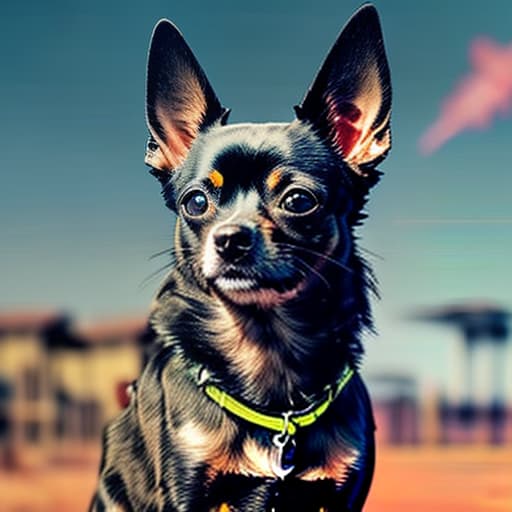 nvinkpunk small, black, chihuahua dog with scant white on the chest and paws, mistress of her kingdom hyperrealistic, full body, detailed clothing, highly detailed, cinematic lighting, stunningly beautiful, intricate, sharp focus, f/1. 8, 85mm, (centered image composition), (professionally color graded), ((bright soft diffused light)), volumetric fog, trending on instagram, trending on tumblr, HDR 4K, 8K