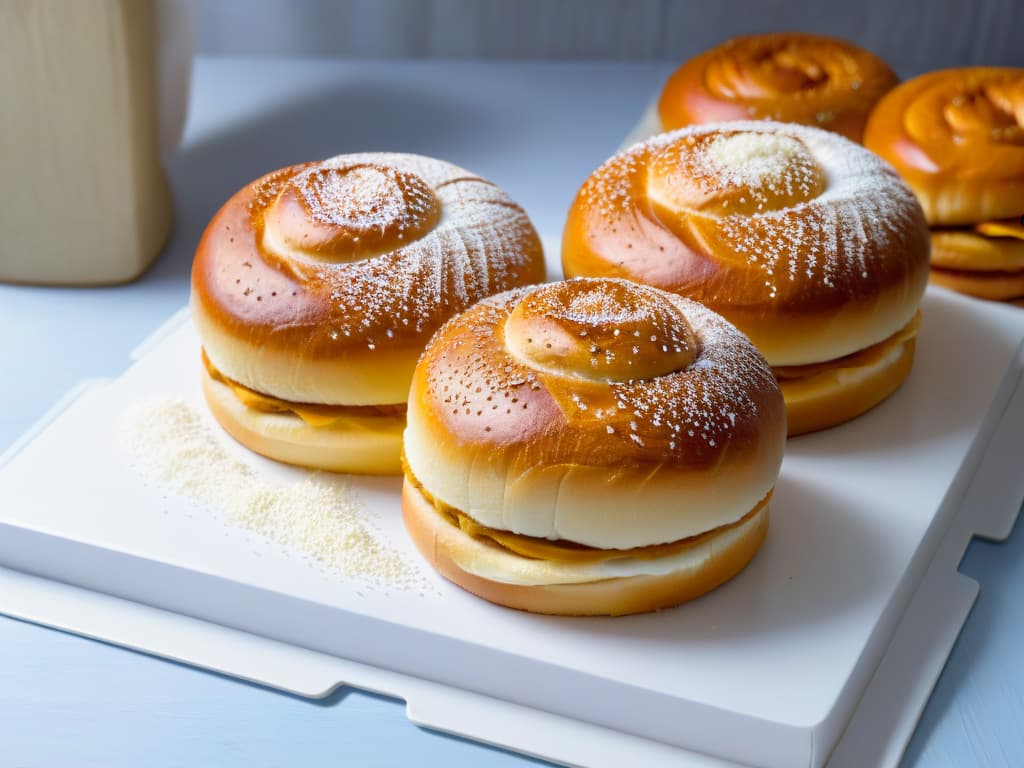  A closeup, ultradetailed image of freshly baked brioche buns sprinkled with glistening, golden azúcar perlado. The focus is on the intricate patterns formed by the sugar crystals on the perfectly browned, glossy surface of the fluffy brioche, highlighting the contrast in textures and inviting the viewer to imagine the satisfying crunch with every bite. hyperrealistic, full body, detailed clothing, highly detailed, cinematic lighting, stunningly beautiful, intricate, sharp focus, f/1. 8, 85mm, (centered image composition), (professionally color graded), ((bright soft diffused light)), volumetric fog, trending on instagram, trending on tumblr, HDR 4K, 8K