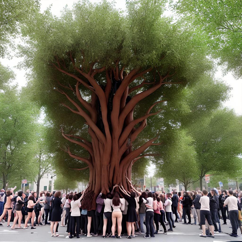  a tree made of people angrily shouting at passers-by