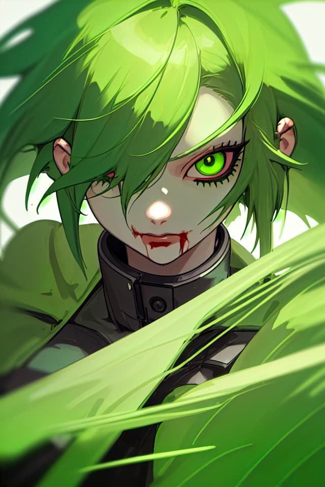  Looking into the gap between the green hair characters, high image quality, 4K, 8k, detailed details, detailed depictions, close one eye and glares with blood.