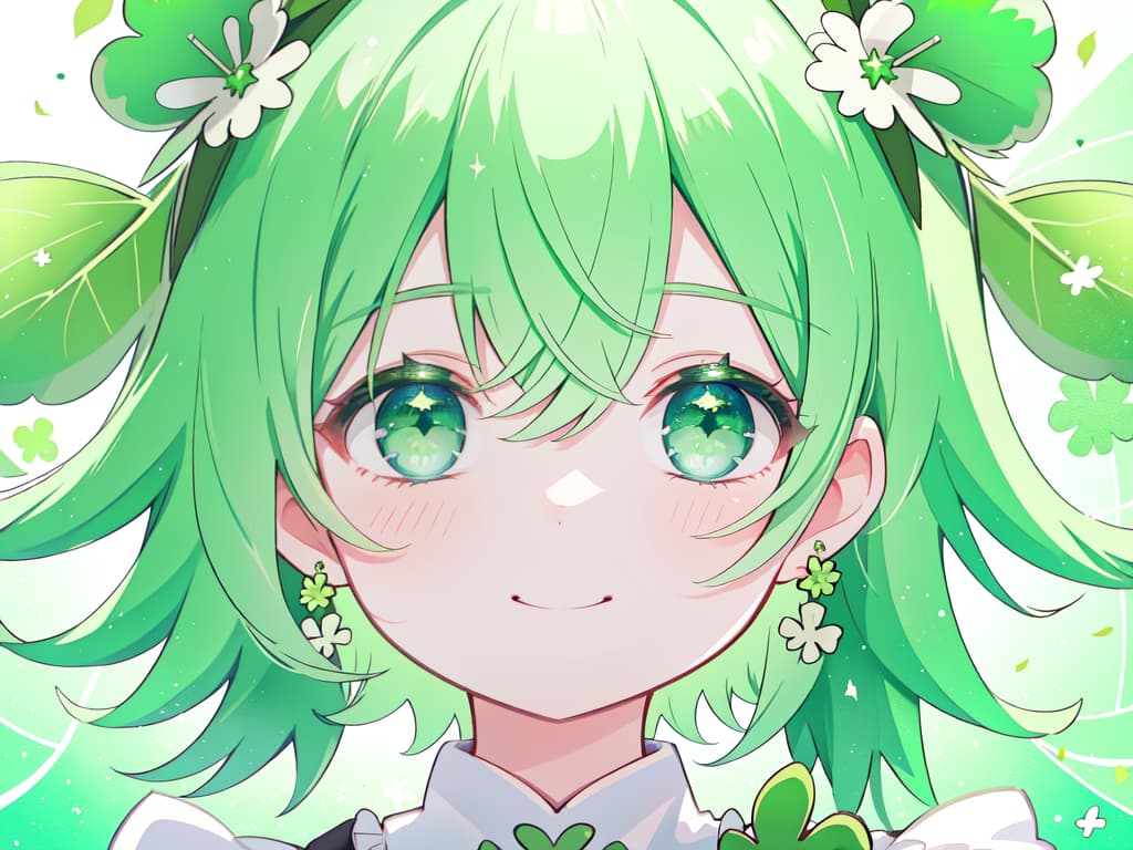  Four leaf clover, green hair, smile, masterpiece, best quality,8k,ultra detailed,high resolution,an extremely delicate and beautiful,hyper detail