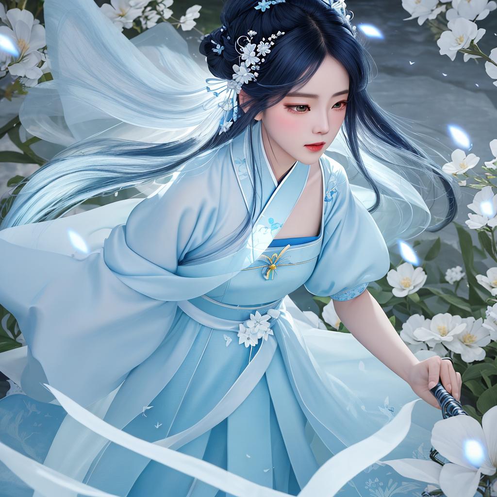  masterpiece, best quality, (Fidelity: 1.4), Best Quality, Masterpiece, Ultra High Resolution, Poster, Fantasy Art, Very Detailed Faces, 8k resolution, Chinese Style, An woman, Side Face, Quiet, Light Blue Hanfu, Tulle Coat, Long Black Hair, Light Blue Fringed Hair Ornament, Hairpin, White Ribbon, White Flower Bush, Light Blue Butterfly Flying, cinematic lighting effects