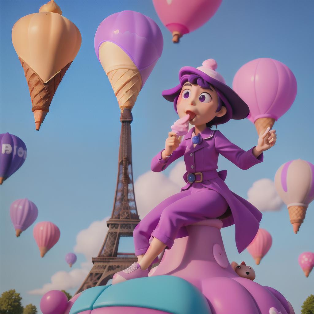  masterpiece, best quality, purple dog licking bubblegum ice cream out of a gigantic cone. The dog is sitting on the top of the Eiffel tower and there is a bunch of balloons in the backround.