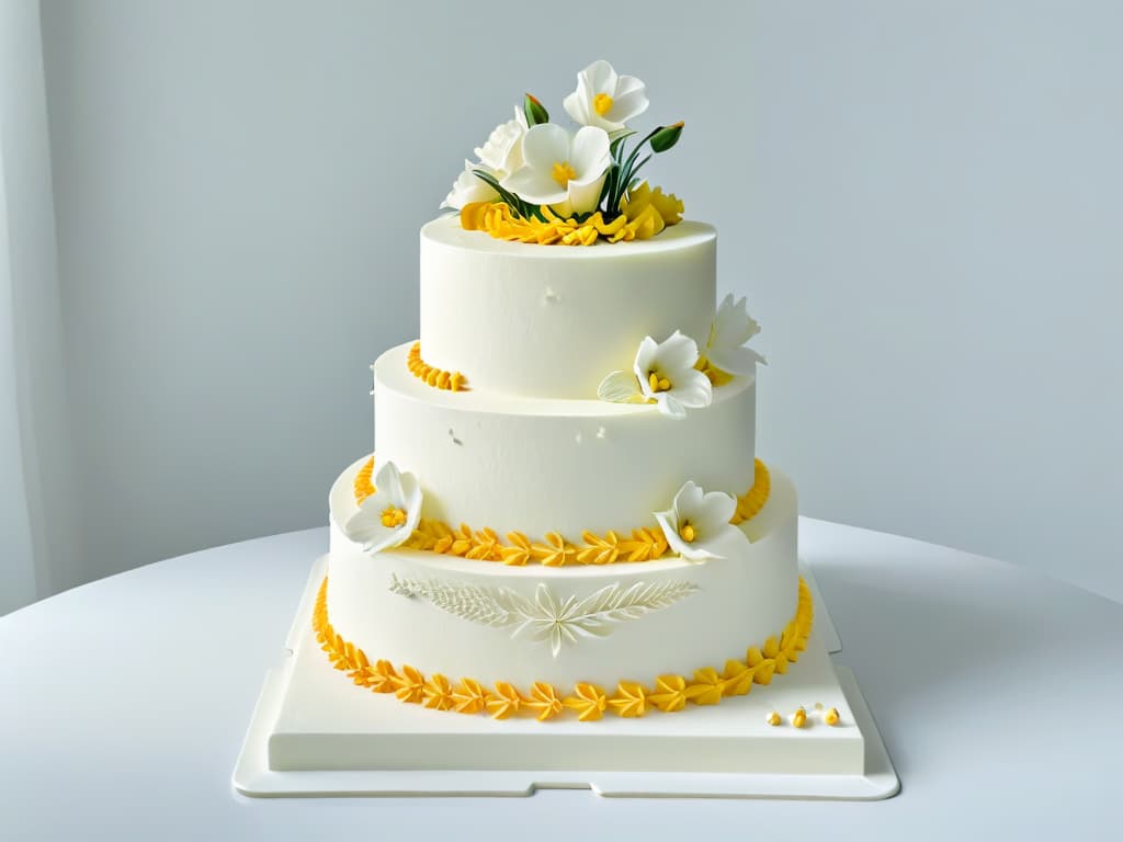  A closeup, photorealistic image of an intricately designed wedding cake created using 3D printing technology, showcasing delicate sugar flowers, geometric patterns, and ornate details. The cake is displayed on a pristine white pedestal, under soft, natural lighting that enhances the textures and colors of the edible masterpiece. hyperrealistic, full body, detailed clothing, highly detailed, cinematic lighting, stunningly beautiful, intricate, sharp focus, f/1. 8, 85mm, (centered image composition), (professionally color graded), ((bright soft diffused light)), volumetric fog, trending on instagram, trending on tumblr, HDR 4K, 8K