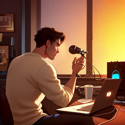  a fair guy with brown hair sits late and writes a song at home, in a room, there is a microphone and a laptop on the table, a view from the back, a neon lamp on the right on the table hyperrealistic, full body, detailed clothing, highly detailed, cinematic lighting, stunningly beautiful, intricate, sharp focus, f/1. 8, 85mm, (centered image composition), (professionally color graded), ((bright soft diffused light)), volumetric fog, trending on instagram, trending on tumblr, HDR 4K, 8K