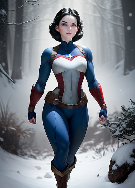  Create a photorealistic full-body image of Snow White, maintaining her original clothing, but altering her body frame to resemble Captain America's physique. Ensure the transformation is seamless and realistic, blending Snow White's classic attire with the muscular build of Captain America. Capture the essence of both characters in a single cohesive image.