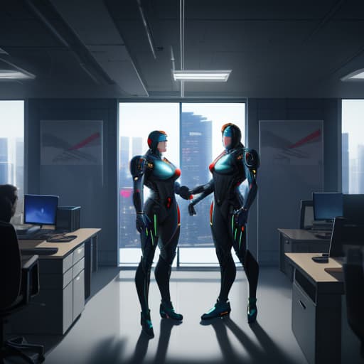  An AI android and a man working together in an office, 1998 video game pixelated style. hyperrealistic, full body, detailed clothing, highly detailed, cinematic lighting, stunningly beautiful, intricate, sharp focus, f/1. 8, 85mm, (centered image composition), (professionally color graded), ((bright soft diffused light)), volumetric fog, trending on instagram, trending on tumblr, HDR 4K, 8K