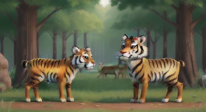  {The tiger and the deer are standing close, looking hopeful., The deer's fur is soft and light brown, and its ears are perked up.