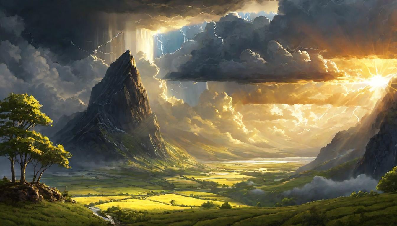  digital illustration, A horizon filled with golden light breaking through storm clouds, rays of sunshine illuminating the landscape below, powerful, majestic, looking at viewer, dynamic pose, (intricate details, masterpiece, best quality)