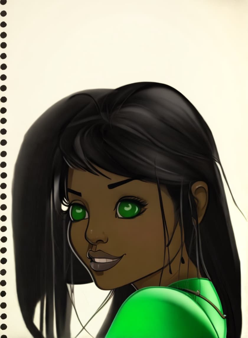  dark skinned kelly hu a disney jasmin wearing a green sleeveless dress with green eyes drawn in the style of 2-d disney animation