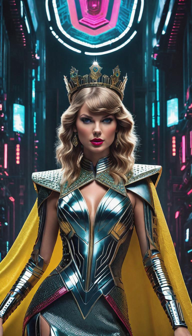  Cyberpunk style depiction of Taylor Swift as a queen. The scene is set in a world where technology has advanced, but society and human conditions have not, creating a gritty, dystopian atmosphere. hyperrealistic, full body, detailed clothing, highly detailed, cinematic lighting, stunningly beautiful, intricate, sharp focus, f/1. 8, 85mm, (centered image composition), (professionally color graded), ((bright soft diffused light)), volumetric fog, trending on instagram, trending on tumblr, HDR 4K, 8K