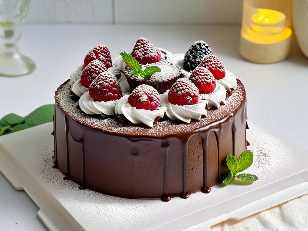  A closeup, ultradetailed image of a decadent vegan chocolate cake topped with fresh raspberries, dusted with powdered sugar, and garnished with mint leaves on a sleek, white ceramic plate. The rich, glossy texture of the cake contrasts beautifully with the vibrant colors of the berries and green mint leaves. Each crumb and droplet of moisture on the cake is perfectly visible, capturing the essence of indulgence and elegance in vegan baking. hyperrealistic, full body, detailed clothing, highly detailed, cinematic lighting, stunningly beautiful, intricate, sharp focus, f/1. 8, 85mm, (centered image composition), (professionally color graded), ((bright soft diffused light)), volumetric fog, trending on instagram, trending on tumblr, HDR 4K, 8K