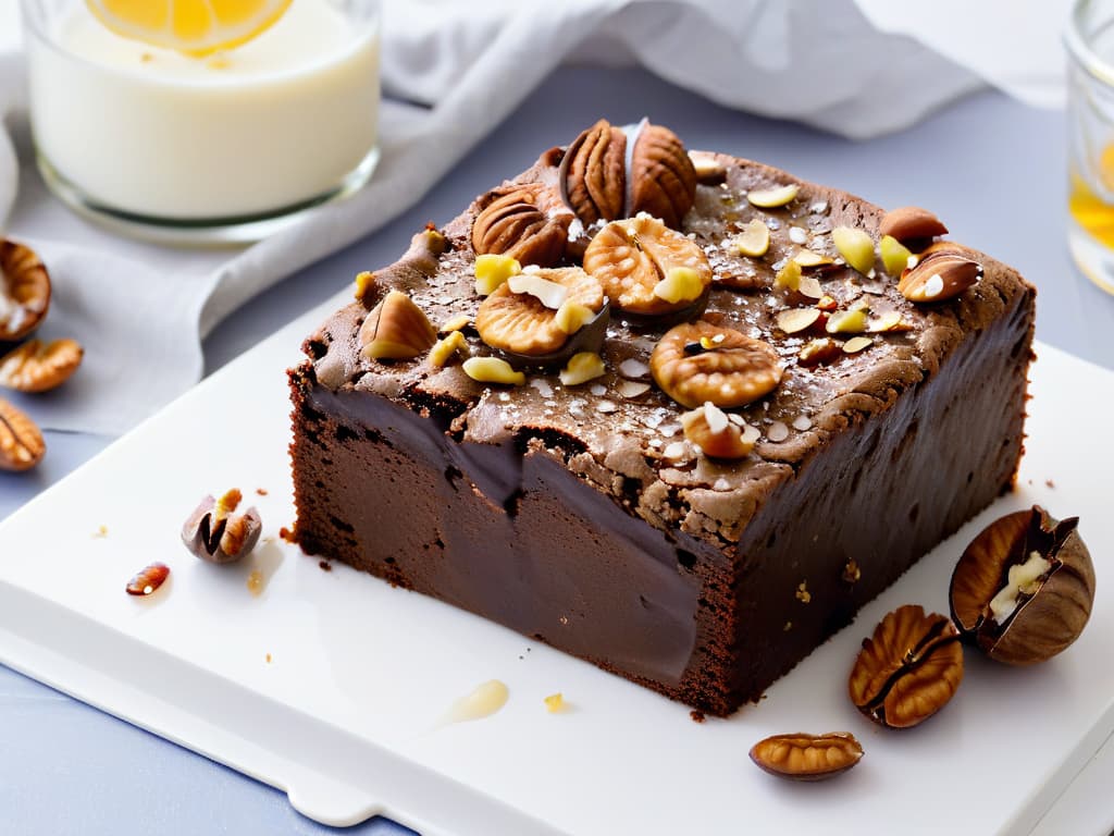  A closeup, ultradetailed shot of a decadent chocolate brownie topped with a generous sprinkle of chopped walnuts, set against a sleek, minimalist white background. The nuts glisten with a hint of honey drizzle, emphasizing their freshness and quality. The contrast between the rich, fudgy texture of the brownie and the crunchy walnuts creates a visually striking image that evokes both indulgence and healthconsciousness, perfectly capturing the essence of creating healthy and delicious desserts with nuts. hyperrealistic, full body, detailed clothing, highly detailed, cinematic lighting, stunningly beautiful, intricate, sharp focus, f/1. 8, 85mm, (centered image composition), (professionally color graded), ((bright soft diffused light)), volumetric fog, trending on instagram, trending on tumblr, HDR 4K, 8K