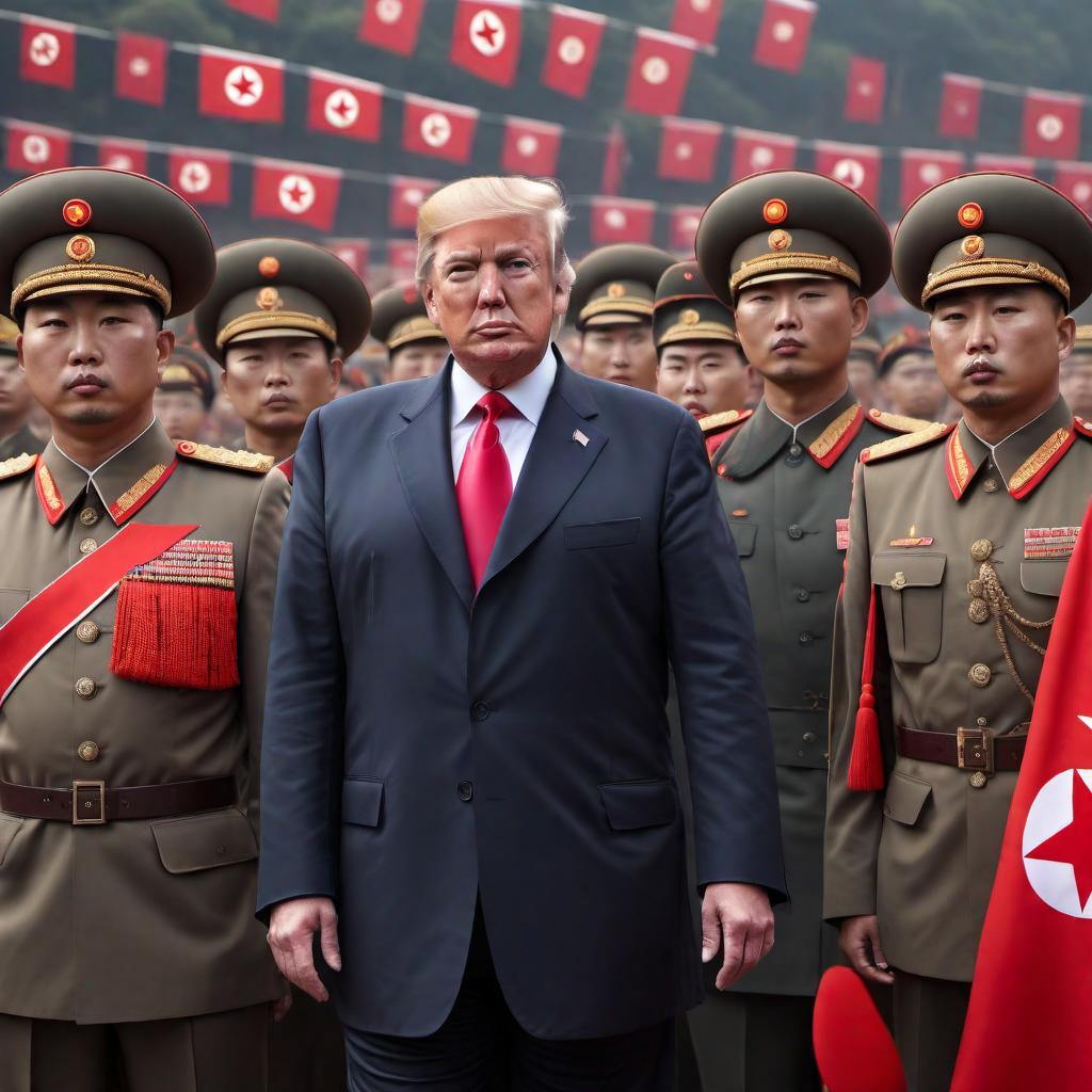  Donald Trump dressed in the style of a North Korean leader. He should be wearing a traditional North Korean military uniform with distinct insignia and medals, closely resembling that of Kim Jong-un. The setting should have elements that are iconic to North Korea, such as flags, landmarks or symbols. Trump's hairstyle and facial features should be clear and recognizable. The overall tone of the image should be serious and authoritative, as befitting a political portrait. hyperrealistic, full body, detailed clothing, highly detailed, cinematic lighting, stunningly beautiful, intricate, sharp focus, f/1. 8, 85mm, (centered image composition), (professionally color graded), ((bright soft diffused light)), volumetric fog, trending on instagram, trending on tumblr, HDR 4K, 8K