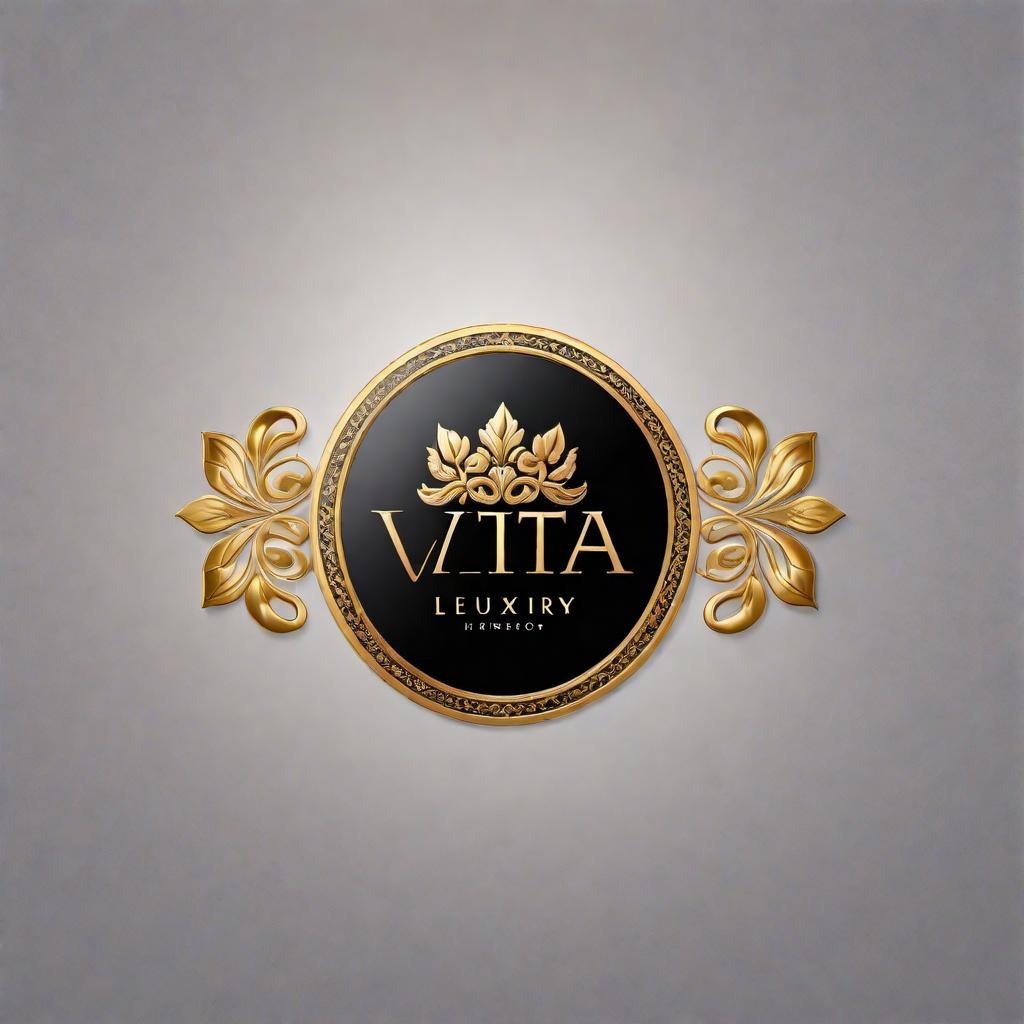  An elegant, luxurious logo design featuring the words 'Vita Luxury'. The style should be sophisticated and opulent, with a color scheme that includes gold and black. The font should be elegant, possibly with some script elements or embellishments, to convey a sense of exclusivity and high-end appeal. hyperrealistic, full body, detailed clothing, highly detailed, cinematic lighting, stunningly beautiful, intricate, sharp focus, f/1. 8, 85mm, (centered image composition), (professionally color graded), ((bright soft diffused light)), volumetric fog, trending on instagram, trending on tumblr, HDR 4K, 8K