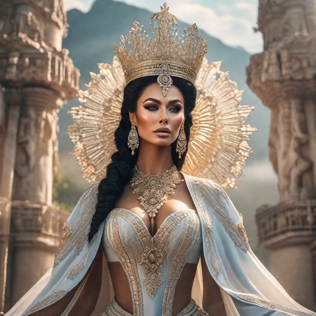  Quen es la reina que está en el cielo? hyperrealistic, full body, detailed clothing, highly detailed, cinematic lighting, stunningly beautiful, intricate, sharp focus, f/1. 8, 85mm, (centered image composition), (professionally color graded), ((bright soft diffused light)), volumetric fog, trending on instagram, trending on tumblr, HDR 4K, 8K