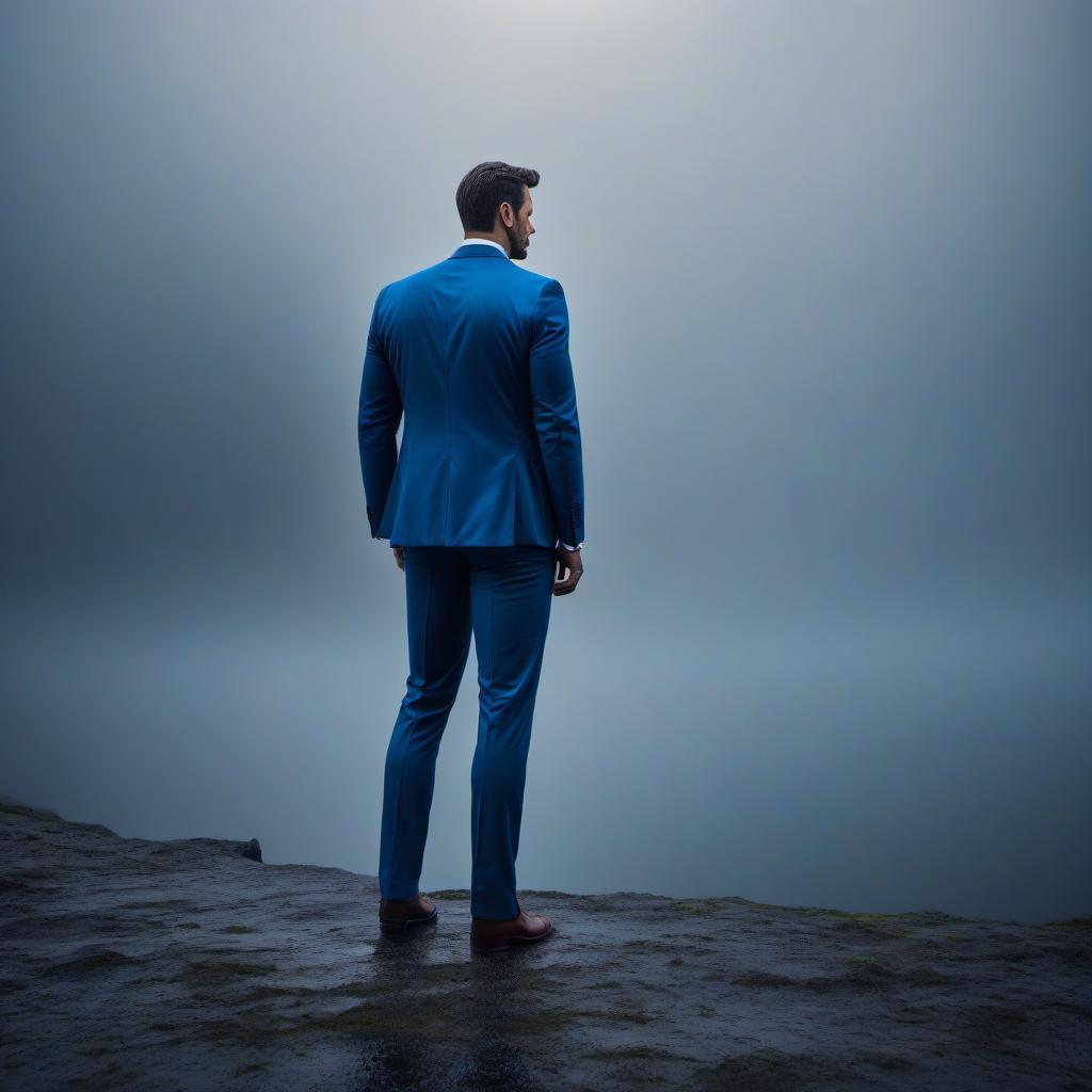  A businessman man stands dejectedly and contemplatively with his shoulders visible in a blue jacket. The quality is flawless and there are no defects. hyperrealistic, full body, detailed clothing, highly detailed, cinematic lighting, stunningly beautiful, intricate, sharp focus, f/1. 8, 85mm, (centered image composition), (professionally color graded), ((bright soft diffused light)), volumetric fog, trending on instagram, trending on tumblr, HDR 4K, 8K