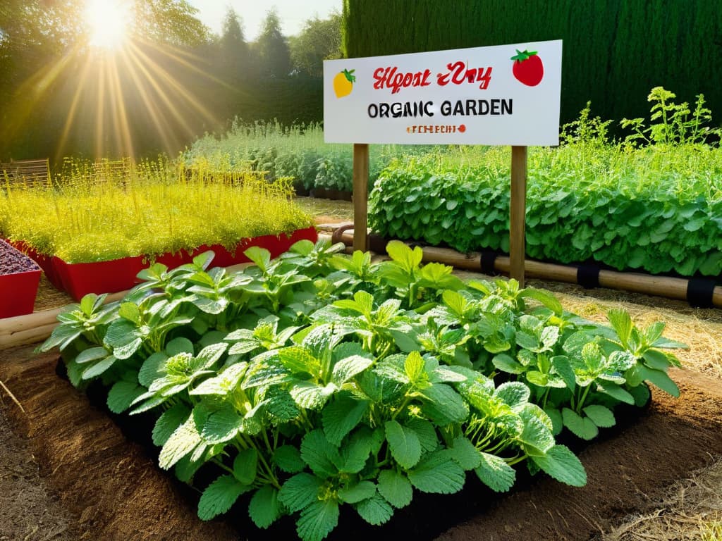  A photorealistic image of a vibrant, bountiful organic fruit and vegetable garden, showcasing rows of lush green plants bearing ripe strawberries, blueberries, apples, and carrots under the golden sunlight. Bees buzzing around colorful flowers, a small wooden sign reading "Organic Garden," and a rustic stone oven in the background emitting a warm glow, hinting at the process of transforming these fresh ingredients into delectable vegan sweets. hyperrealistic, full body, detailed clothing, highly detailed, cinematic lighting, stunningly beautiful, intricate, sharp focus, f/1. 8, 85mm, (centered image composition), (professionally color graded), ((bright soft diffused light)), volumetric fog, trending on instagram, trending on tumblr, HDR 4K, 8K