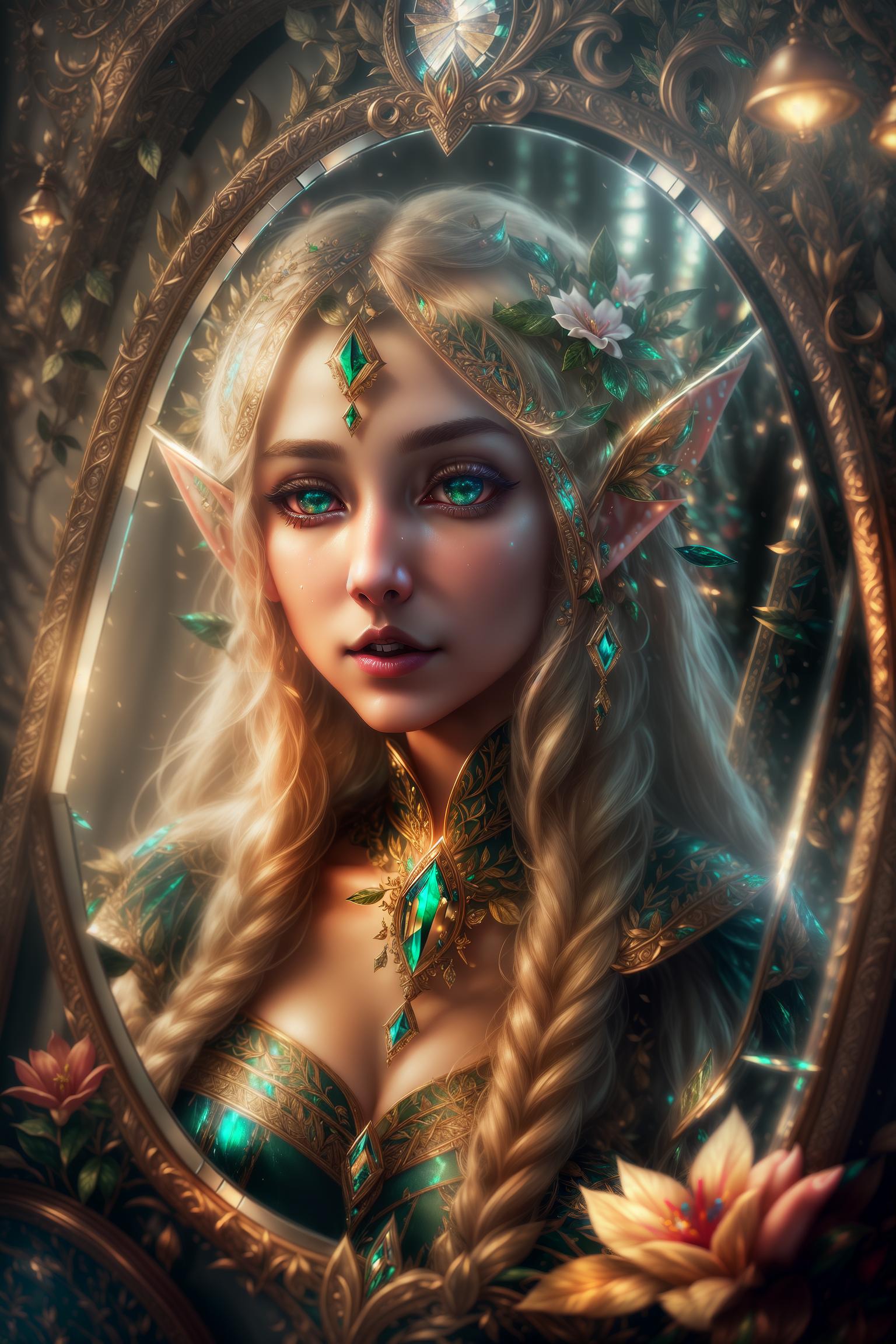  masterpiece,(bestquality),highlydetailed,(beautiful elf:1.5),(narcissistic expression:1.2),(lifedrain:1.3),{reflection in the mirror: trapped in the mirror:1.2},(ancient mirror:1.5),(attracted person:0.8),{dark environment: mysterious atmosphere:1.1},(mirror reflection:1.3),{elf elements: forest: mushrooms: flowers:1.2} hyperrealistic, full body, detailed clothing, highly detailed, cinematic lighting, stunningly beautiful, intricate, sharp focus, f/1. 8, 85mm, (centered image composition), (professionally color graded), ((bright soft diffused light)), volumetric fog, trending on instagram, trending on tumblr, HDR 4K, 8K