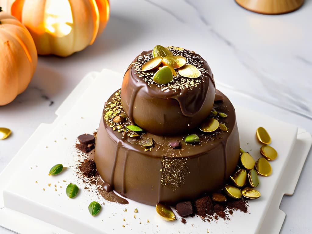  An ultradetailed image of a decadent chocolate pumpkin seed energy ball, perfectly round and coated with crushed pumpkin seeds, cocoa powder, and a sprinkle of edible gold flakes. The background is a simple, elegant white marble surface with a subtle reflection, emphasizing the luxurious and sophisticated nature of the healthy dessert. hyperrealistic, full body, detailed clothing, highly detailed, cinematic lighting, stunningly beautiful, intricate, sharp focus, f/1. 8, 85mm, (centered image composition), (professionally color graded), ((bright soft diffused light)), volumetric fog, trending on instagram, trending on tumblr, HDR 4K, 8K