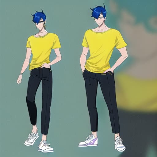  Makoto Shinkai style. A young handsome man is standing. one. the hair is blue.He is wearing black pants and a yellow shirt. sneakers in the ears of earrings. over-detailed face and nose and eyes