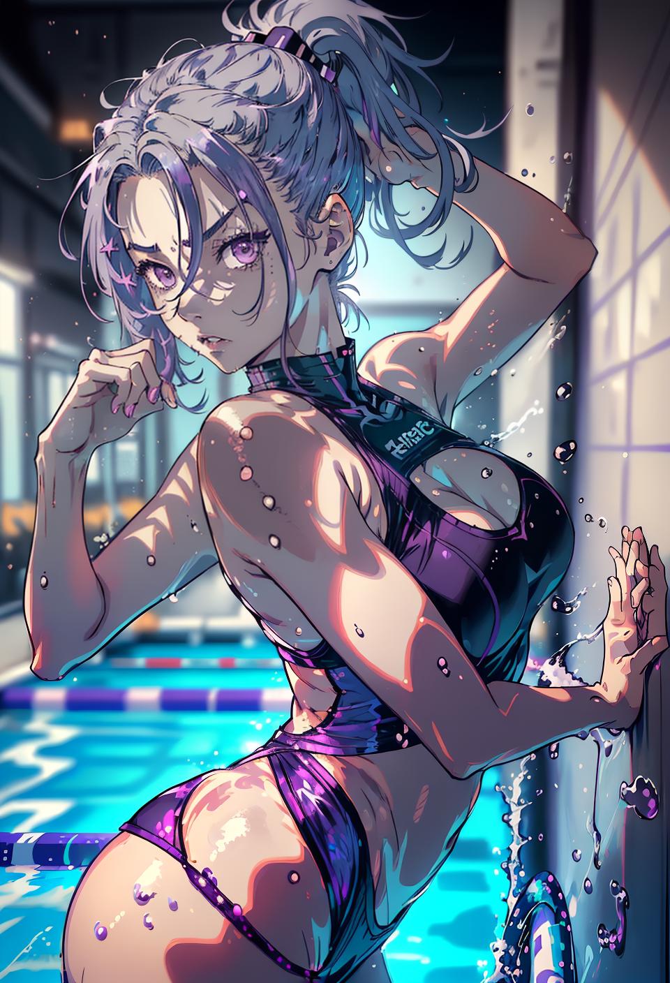  ((trending, highres, masterpiece, cinematic shot)), 1girl, young, female, pool scene, long spiked grey hair, long ponytail, large purple eyes, energetic personality, sad expression, fair skin, epic, energetic