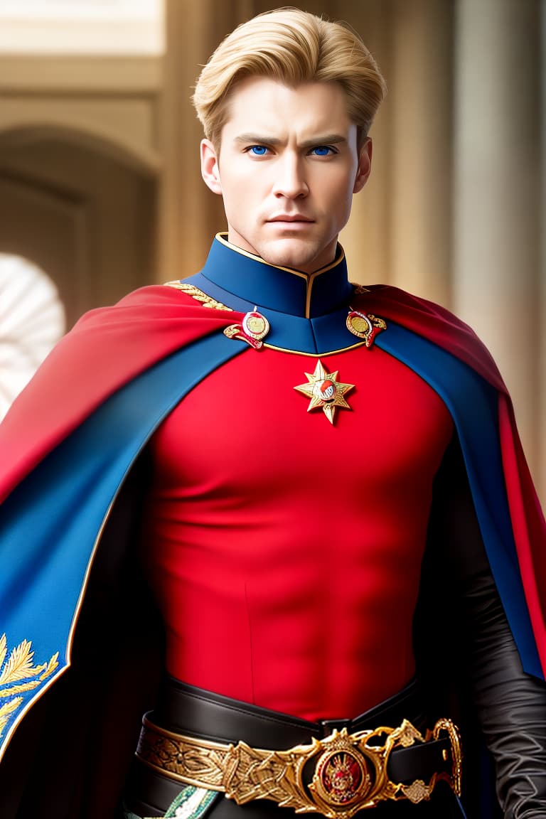  (8k, photorealistic, RAW photo, best quality: 1.4), (photorealistic:1.4), (realistic face), realistic eyes, (realistic skin), ((((masterpiece)))), best quality, very_high_resolution, ultra-detailed, in-frame, handsome, blond hair, blue eyes, military uniform, red, black cape, strong jawline, tall stature, confident expression, commanding presence, regal demeanor, striking appearance, distinguished, alluring, charismatic, enigmatic, noble, warrior, enforcer, leader