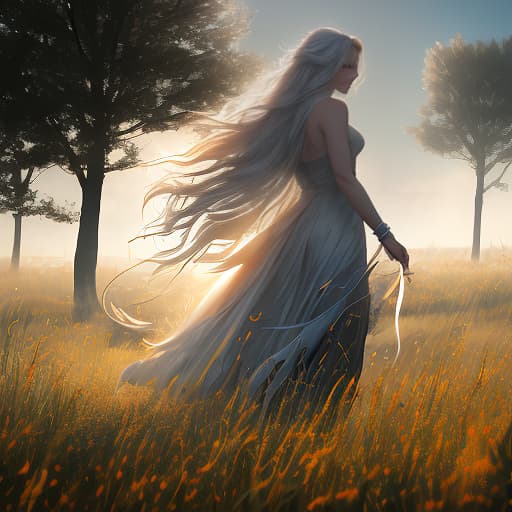  Thunder, lightning, element, field with flowers, woman with long, growing hair blown by the wind, wind rustles leaves of trees and high grass hyperrealistic, full body, detailed clothing, highly detailed, cinematic lighting, stunningly beautiful, intricate, sharp focus, f/1. 8, 85mm, (centered image composition), (professionally color graded), ((bright soft diffused light)), volumetric fog, trending on instagram, trending on tumblr, HDR 4K, 8K