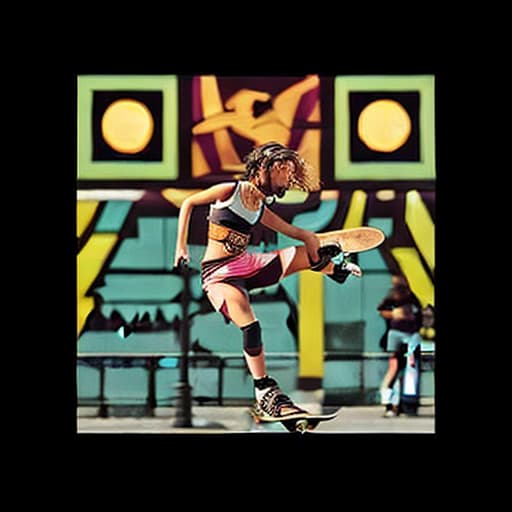  A high resolution digital painting of a female skateboarder performing a kickflip, vibrant colors, dynamic motion, urban background, cinematic lighting, inspired by Shepard Fairey, style Digital Painting, advanced detail processing ar 3:4