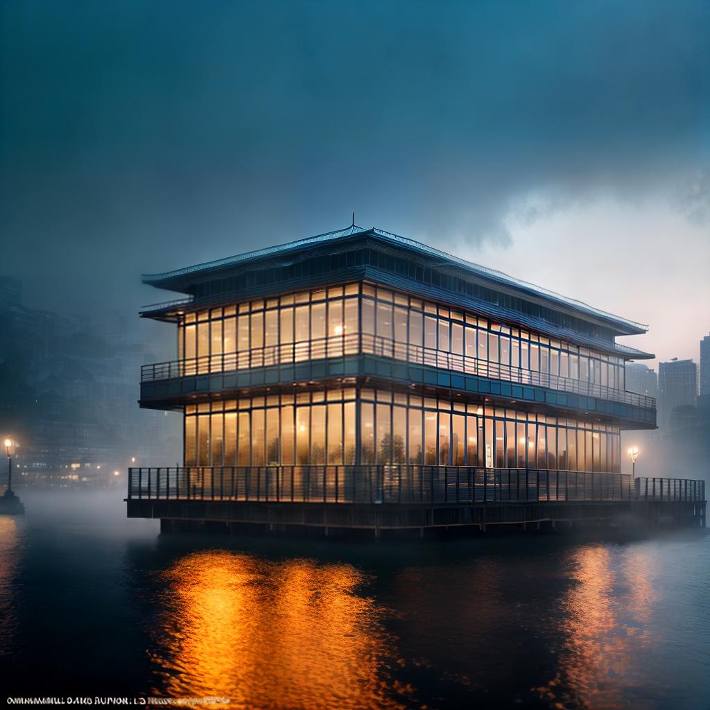  New building on the river bank ,highly detailed, cinematic lighting, stunningly beautiful, intricate, sharp focus, f1. 8, 85mm, (centered image composition), (professionally color graded), ((bright soft diffused light)), volumetric fog, trending on instagram, trending on tumblr, HDR 4K, 8K