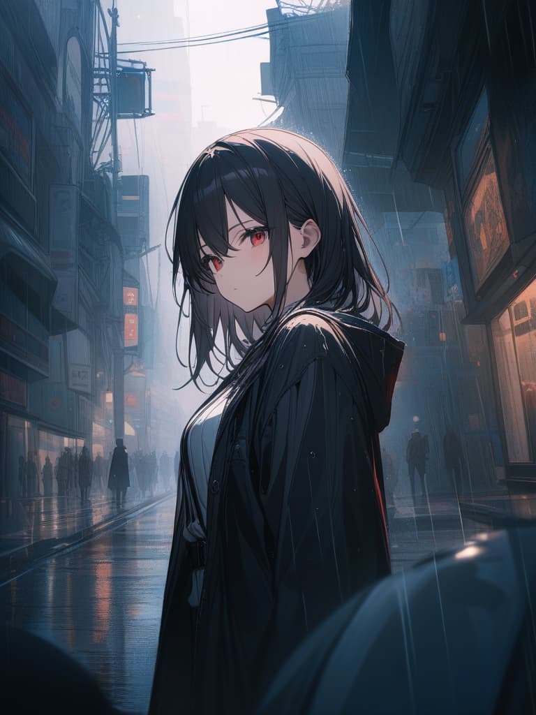  Dark falling, red eyes, women, rain, black hair, masterpiece, best quality,8k,ultra detailed,high resolution,an extremely delicate and beautiful,hyper detail