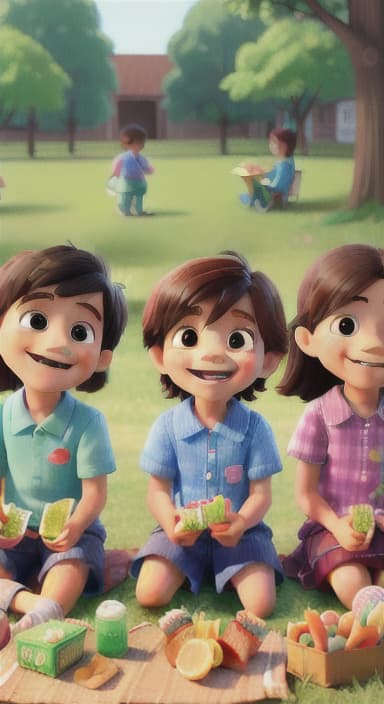  {Kids sitting around a picnic blanket, enjoying juice boxes and snacks., Children happily eating snacks, with crumbs on their faces and big smiles.