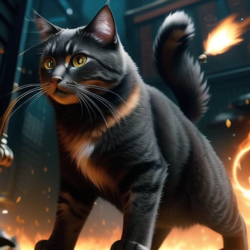  an anthropomorphic cat wearing black linen is depicted in an action pose, swirling fire with an arrow symbol in cat hand, floating above a street in a dark city alleyway, swirling magic effects and swirling energy waves surround cat, with a golden glow on cat face and body, looking at the camera, hyper detailed, movie still, ultrawide, ultra detailed, hyper focus, unreal engine, masterpiece, high rez, high quality, futuristic, exo skeleton, power armor, apex cat dominant universe, fight scars, cat had ear bitten by dog, war between cats and dogs, razor shard claws extended, , (masterpiece, best quality:1.5), HDR 4K, 8K