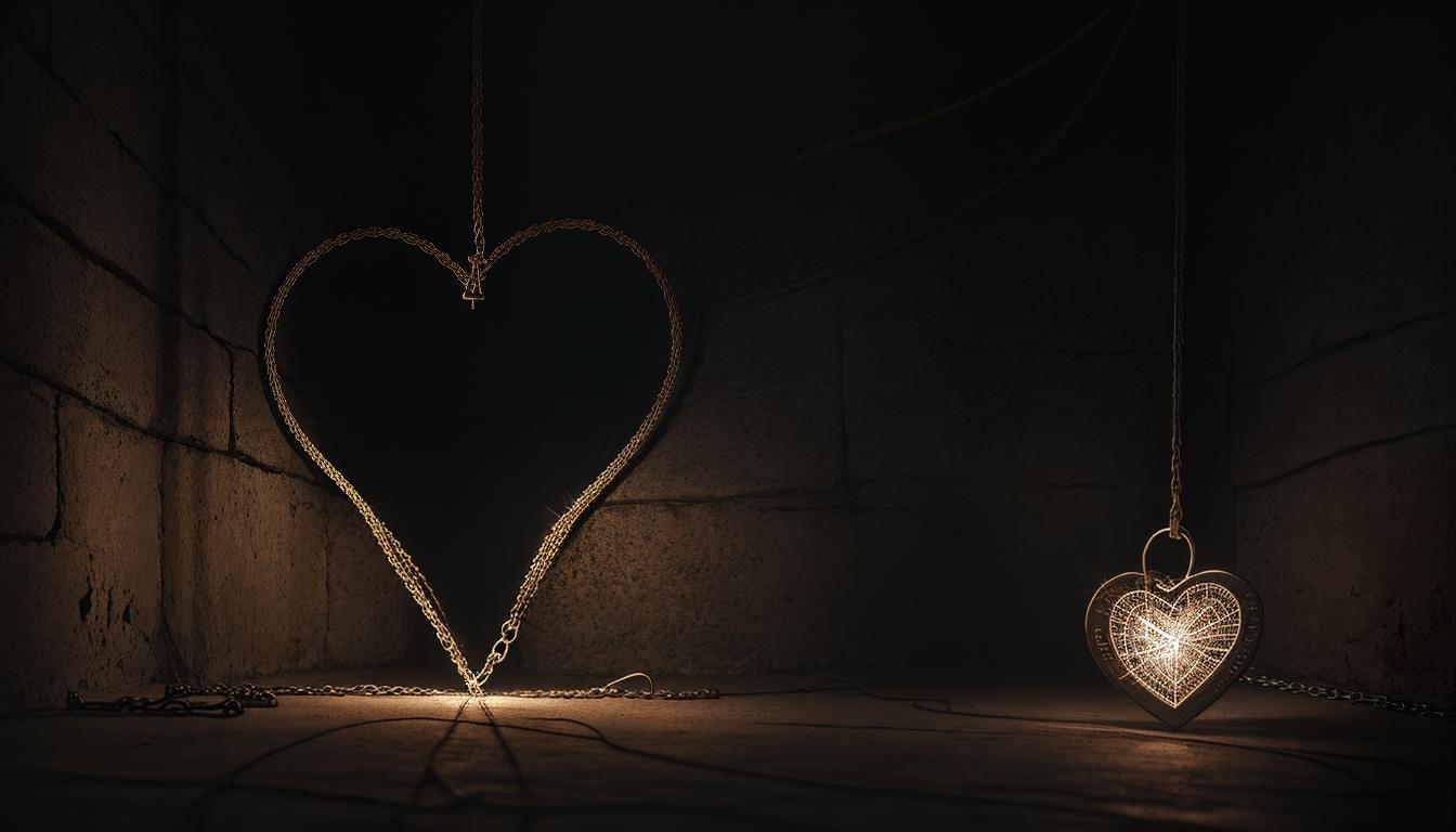  cinematic, aesthetic, A human heart, bound by heavy chains, set against a backdrop of a scale, heart is cracked and leaking, chains are rusty, depiction of weight and burden, 4k, HDR, lens flare