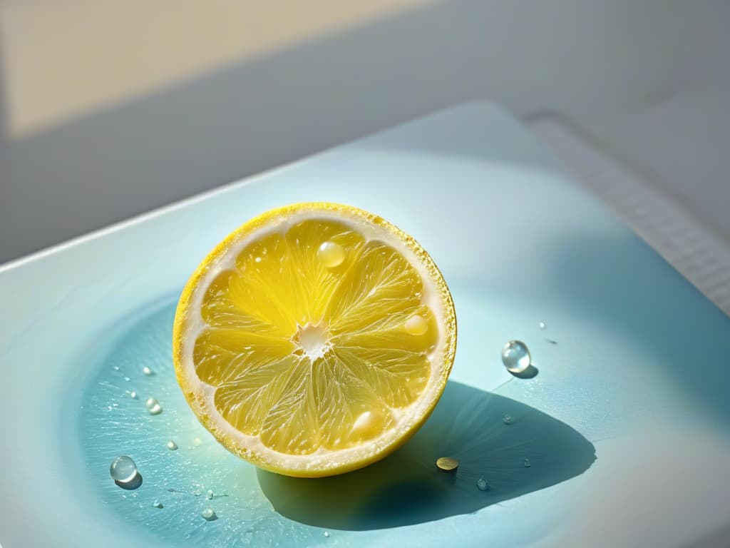  A minimalistic and elegant image of a vibrant lemon slice with glistening water droplets on its surface, placed on a sleek marble countertop. The natural light illuminates the citrus fruit, highlighting its refreshing yellow hue and intricate texture, creating a visually striking and appetizing composition that perfectly complements the theme of the article "El poder de los cítricos: Refrescando tus recetas de repostería con un toque ácido." hyperrealistic, full body, detailed clothing, highly detailed, cinematic lighting, stunningly beautiful, intricate, sharp focus, f/1. 8, 85mm, (centered image composition), (professionally color graded), ((bright soft diffused light)), volumetric fog, trending on instagram, trending on tumblr, HDR 4K, 8K