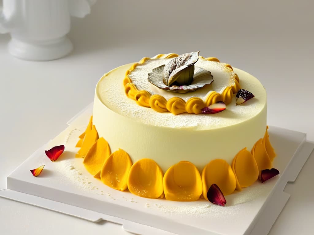  An ultradetailed image of a delicate, intricately designed pastry showcasing a fusion of exotic flavors such as saffron, cardamom, and rose petals, set against a simple, elegant white background to highlight the intricate details and vibrant colors of the dessert. hyperrealistic, full body, detailed clothing, highly detailed, cinematic lighting, stunningly beautiful, intricate, sharp focus, f/1. 8, 85mm, (centered image composition), (professionally color graded), ((bright soft diffused light)), volumetric fog, trending on instagram, trending on tumblr, HDR 4K, 8K