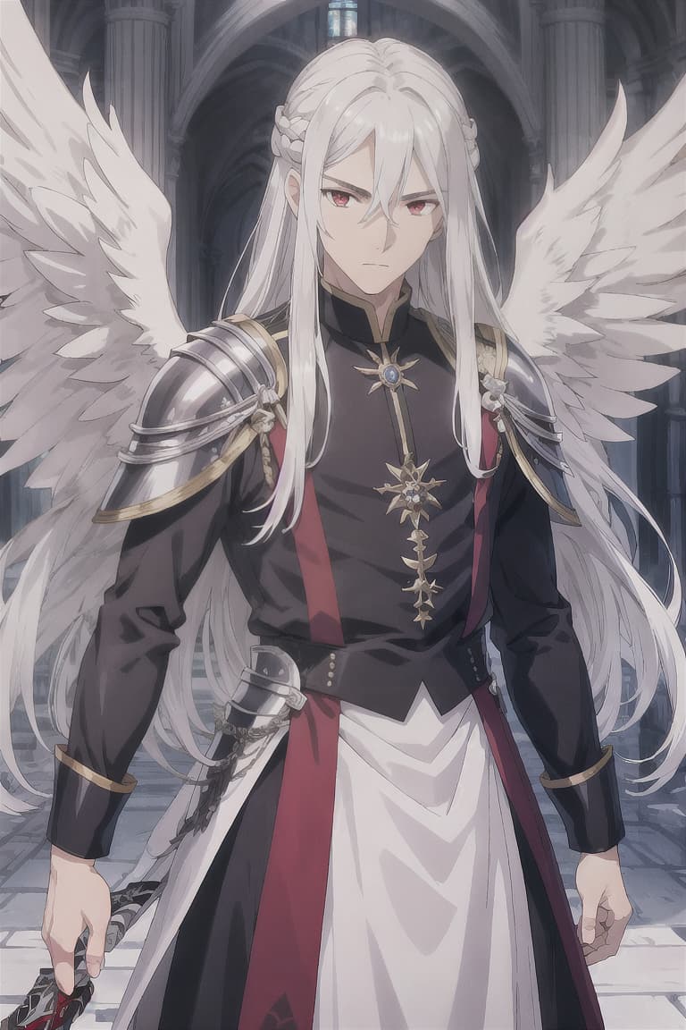  master piece , best quality,Male, white hair, straight hair, groom, knight, black and red odd eyes, silver feathers, fallen angel